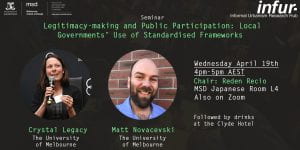 Seminar with Crystal Legacy and Matt Novacevski — Legitimacy-making and Public Participation: Local Governments’ Use of Standardised Frameworks